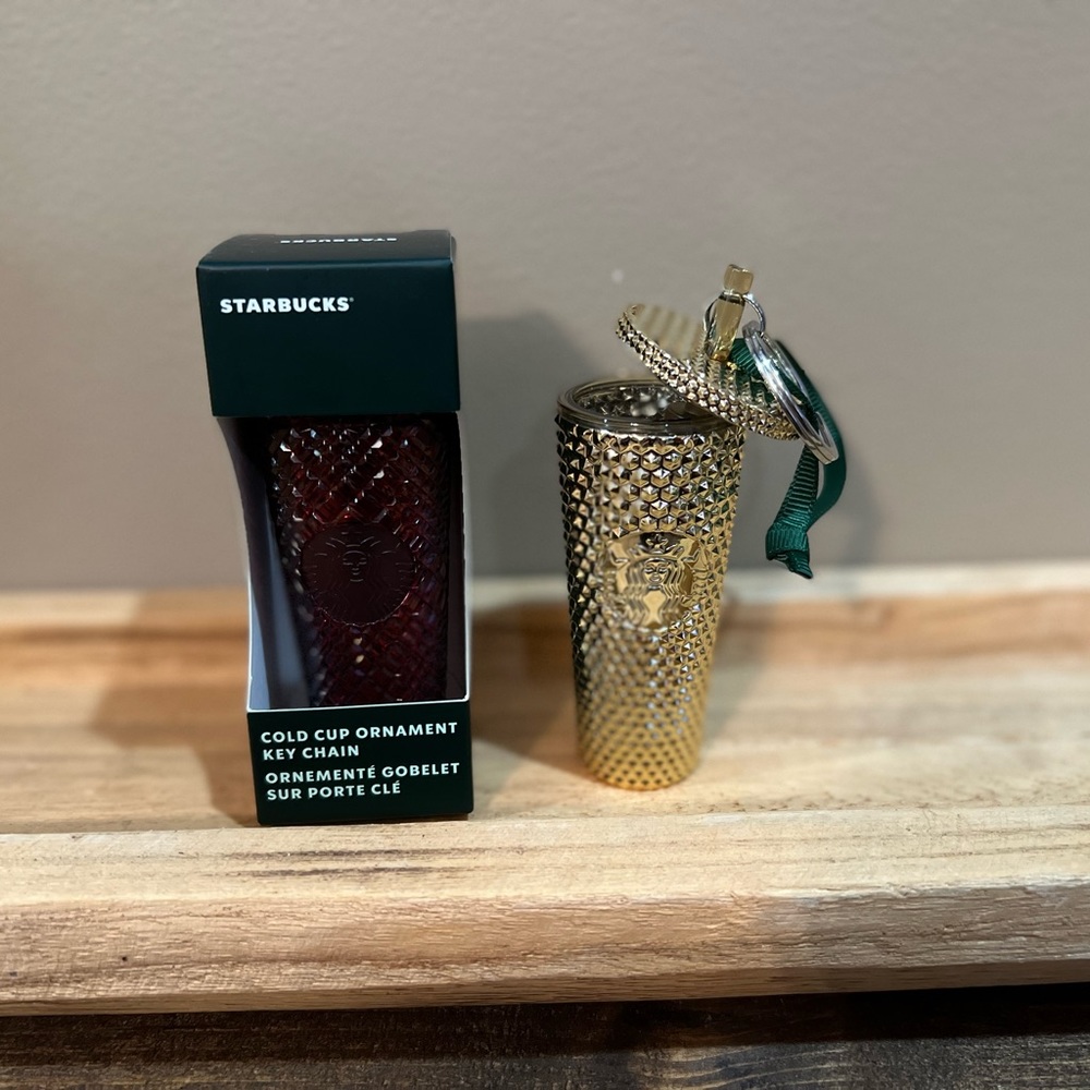 Red Starbucks cold cup ornament key chain.